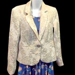 George By Mark Eisen Y2K Blazer Suit Jacket, Cream w/ Gold Metallic Threads Sz 8
